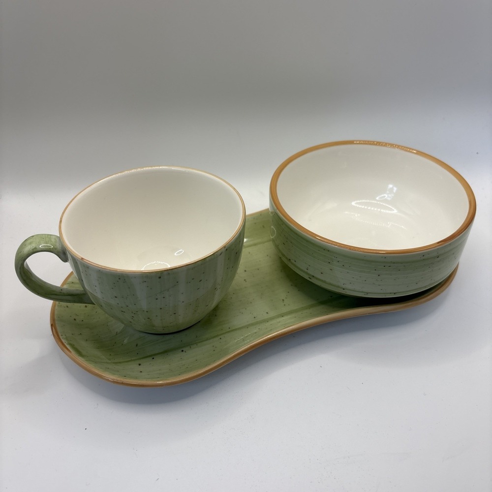 Bonna Premium Porcelain Turkey Hand Painted Snack Plate Bowl Cup Mug Set Green